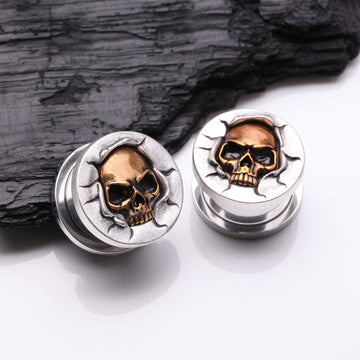 Detail View 1 of A Pair of Bronze Death Skull Cracked Steel Screw-Fit Plug